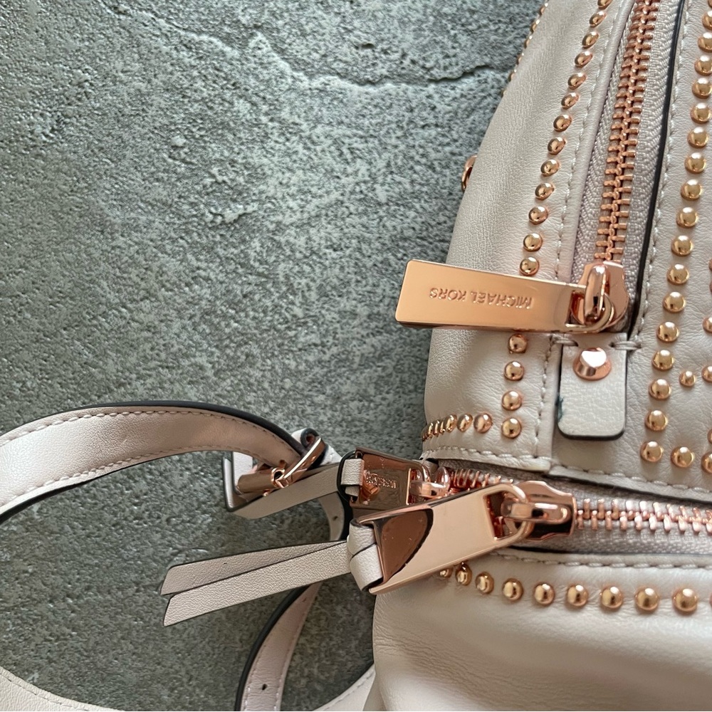 Michael Kors Beige Pink with Rose Gold Metal Rosette Studded Leather Backpack - Picture 6 of 15